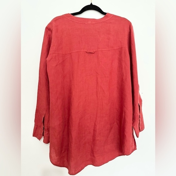 EILEEN FISHER Top small Linen Tunic Blouse Popover Round Neck Long Sleeve Red - Picture 7 of 7